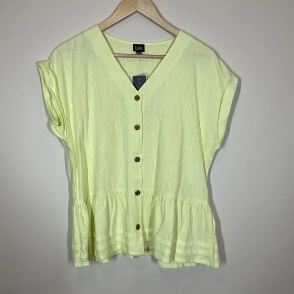 lee yellow linen blend peplum button front top womens size L short sleeve - Picture 1 of 11